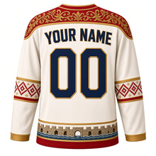 Load image into Gallery viewer, Montenegro Original Hockey Jersey in Stone Ivory, back view with your name and number – zlatovez gold-embroidery yoke and cross-stitch sleeve bands