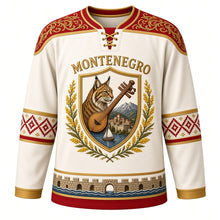 Load image into Gallery viewer, Montenegro Original Hockey Jersey in Stone Ivory, front view – zlatovez gold-embroidery yoke and Balkan lynx Bay of Kotor shield crest with ornate detailed artwork, custom name and number