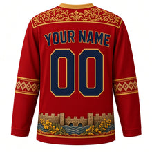 Load image into Gallery viewer, Montenegro Original Hockey Jersey in Lovcen Red, back view with your name and number – zlatovez gold-embroidery yoke and cross-stitch sleeve bands