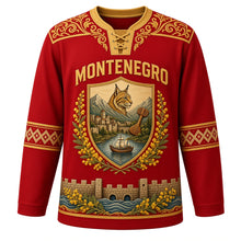 Load image into Gallery viewer, Montenegro Original Hockey Jersey in Lovcen Red, front view – zlatovez gold-embroidery yoke and Balkan lynx Bay of Kotor shield crest with ornate detailed artwork, custom name and number