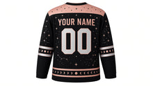 Load image into Gallery viewer, Moon Phases Original Hockey Jersey in Eclipse Black, back view with your name and number – star-dot yoke and moon-phase dot sleeve stripes