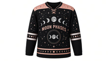 Load image into Gallery viewer, Moon Phases Original Hockey Jersey in Eclipse Black, front view – elegant arc of moon phases with small stars and three-phase moon crest, custom name and number