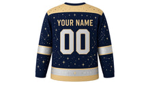 Load image into Gallery viewer, Moon Phases Original Hockey Jersey in Midnight Indigo, back view with your name and number – star-dot yoke and moon-phase dot sleeve stripes