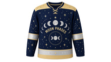 Load image into Gallery viewer, Moon Phases Original Hockey Jersey in Midnight Indigo, front view – elegant arc of moon phases with small stars and three-phase moon crest, custom name and number