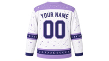 Load image into Gallery viewer, Moon Phases Original Hockey Jersey in Moonstone White, back view with your name and number – star-dot yoke and moon-phase dot sleeve stripes