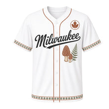 Load image into Gallery viewer, Morel Mushroom Hunt Milwaukee Baseball Jersey in Birch White, front view – two morel mushrooms and fern graphic with oak-leaf crest, custom name and number