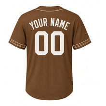 Load image into Gallery viewer, Morel Mushroom Hunt Milwaukee Baseball Jersey in Bark Brown, back view with your name and number – custom block name and number with diamond-stripe sleeves