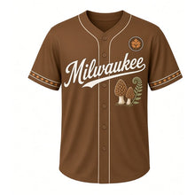 Load image into Gallery viewer, Morel Mushroom Hunt Milwaukee Baseball Jersey in Bark Brown, front view – two morel mushrooms and fern graphic with oak-leaf crest, custom name and number