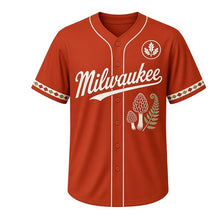 Load image into Gallery viewer, Morel Mushroom Hunt Milwaukee Baseball Jersey in Woodland Rust, front view – two morel mushrooms and fern graphic with oak-leaf crest, custom name and number