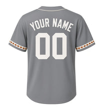 Load image into Gallery viewer, Morel Mushroom Hunt Milwaukee Baseball Jersey in Stone Gray, back view with your name and number – custom block name and number with diamond-stripe sleeves