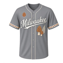 Load image into Gallery viewer, Morel Mushroom Hunt Milwaukee Baseball Jersey in Stone Gray, front view – two morel mushrooms and fern graphic with oak-leaf crest, custom name and number