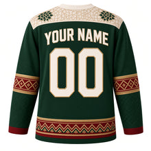 Load image into Gallery viewer, Morocco Original Hockey Jersey in Cedar Green, back view with your name and number – zellige mosaic yoke and Amazigh rug-pattern sleeve bands