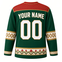 Load image into Gallery viewer, Morocco Original Hockey Jersey in Atlas Green, back view with your name and number – zellige mosaic yoke and Amazigh rug-pattern sleeve bands
