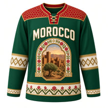 Load image into Gallery viewer, Morocco Original Hockey Jersey in Atlas Green, front view – zellige mosaic yoke and kasbah-arch argan tree crest with ornate detailed artwork, custom name and number