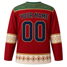 Load image into Gallery viewer, Morocco Original Hockey Jersey in Medina Red, back view with your name and number – zellige mosaic yoke and Amazigh rug-pattern sleeve bands
