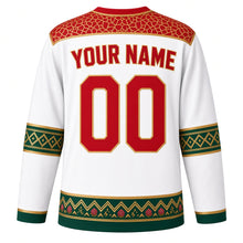 Load image into Gallery viewer, Morocco Original Hockey Jersey in Riad White, back view with your name and number – zellige mosaic yoke and Amazigh rug-pattern sleeve bands