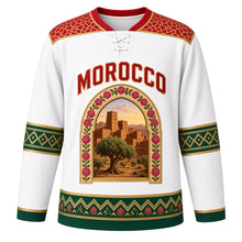 Load image into Gallery viewer, Morocco Original Hockey Jersey in Riad White, front view – zellige mosaic yoke and kasbah-arch argan tree crest with ornate detailed artwork, custom name and number