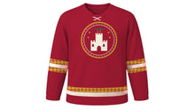 Load image into Gallery viewer, Moros y Cristianos Original Hockey Jersey in Crimson, front view – custom name and number