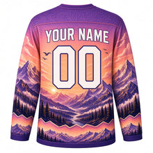 Load image into Gallery viewer, Mountain Peak Sunrise Original Hockey Jersey in Alpine Dawn, back view with your name and number – topographic contour yoke and mountain-ridge sleeve stripes