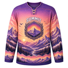 Load image into Gallery viewer, Mountain Peak Sunrise Original Hockey Jersey in Alpine Dawn, front view – layered snow-capped mountains, sunrise rays and mountain-sun crest, custom name and number