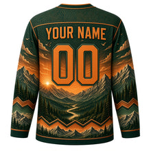 Load image into Gallery viewer, Mountain Peak Sunrise Original Hockey Jersey in Forest Pine, back view with your name and number – topographic contour yoke and mountain-ridge sleeve stripes