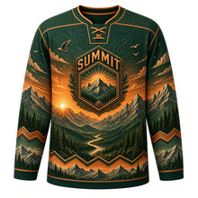 Load image into Gallery viewer, Mountain Peak Sunrise Original Hockey Jersey in Forest Pine, front view – layered snow-capped mountains, sunrise rays and mountain-sun crest, custom name and number
