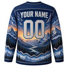 Load image into Gallery viewer, Mountain Peak Sunrise Original Hockey Jersey in Midnight Summit, back view with your name and number – topographic contour yoke and mountain-ridge sleeve stripes