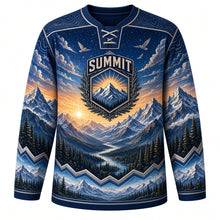 Load image into Gallery viewer, Mountain Peak Sunrise Original Hockey Jersey in Midnight Summit, front view – layered snow-capped mountains, sunrise rays and mountain-sun crest, custom name and number
