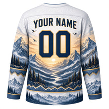 Load image into Gallery viewer, Mountain Peak Sunrise Original Hockey Jersey in Snowcap White, back view with your name and number – topographic contour yoke and mountain-ridge sleeve stripes