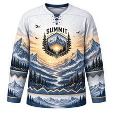 Load image into Gallery viewer, Mountain Peak Sunrise Original Hockey Jersey in Snowcap White, front view – layered snow-capped mountains, sunrise rays and mountain-sun crest, custom name and number