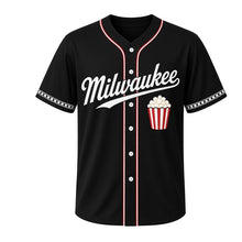 Load image into Gallery viewer, Movie Night Popcorn Milwaukee Baseball Jersey in Theater Black, front view – red-and-white striped popcorn bucket graphic, custom name and number