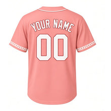 Load image into Gallery viewer, Movie Night Popcorn Milwaukee Baseball Jersey in Ticket Coral, back view with your name and number – custom block name and number with film-strip sleeves