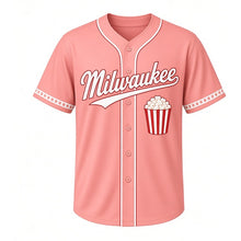Load image into Gallery viewer, Movie Night Popcorn Milwaukee Baseball Jersey in Ticket Coral, front view – red-and-white striped popcorn bucket graphic, custom name and number