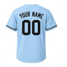 Load image into Gallery viewer, Movie Night Popcorn Milwaukee Baseball Jersey in Drive-In Sky Blue, back view with your name and number – custom block name and number with film-strip sleeves