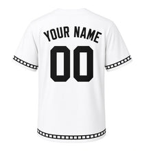 Load image into Gallery viewer, Movie Night Popcorn Milwaukee Baseball Jersey in Matinee White, back view with your name and number – custom block name and number with film-strip sleeves