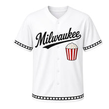 Load image into Gallery viewer, Movie Night Popcorn Milwaukee Baseball Jersey in Matinee White, front view – red-and-white striped popcorn bucket graphic, custom name and number