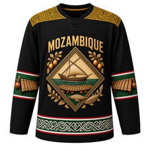 Load image into Gallery viewer, Mozambique Original Hockey Jersey in Ebony Black, front view – capulana wax-print yoke and Makonde-carved dhow and timbila diamond crest with ornate detailed artwork, custom name and number