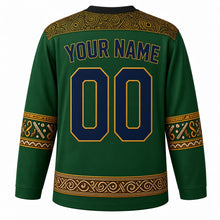 Load image into Gallery viewer, Mozambique Original Hockey Jersey in Savanna Green, back view with your name and number – capulana wax-print yoke and timbila keyboard sleeve bands
