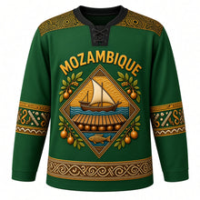 Load image into Gallery viewer, Mozambique Original Hockey Jersey in Savanna Green, front view – capulana wax-print yoke and Makonde-carved dhow and timbila diamond crest with ornate detailed artwork, custom name and number