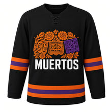 Load image into Gallery viewer, Dia de los Muertos Parade Original Hockey Jersey in Black, front view – custom name and number