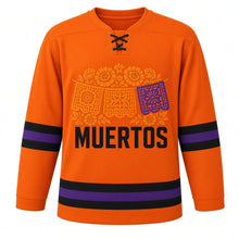 Load image into Gallery viewer, Dia de los Muertos Parade Original Hockey Jersey in Orange, front view – custom name and number