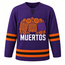 Load image into Gallery viewer, Dia de los Muertos Parade Original Hockey Jersey in Purple, front view – custom name and number