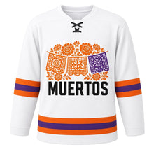 Load image into Gallery viewer, Dia de los Muertos Parade Original Hockey Jersey in White, front view – custom name and number