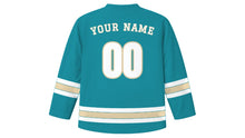 Load image into Gallery viewer, Muscat Original Hockey Jersey in Sea Turquoise, back view with your name and number