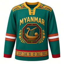 Load image into Gallery viewer, Myanmar Original Hockey Jersey in Jade Green, front view – acheik wave-silk yoke and lacquerware saung gauk harp crest with ornate detailed artwork, custom name and number