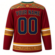 Load image into Gallery viewer, Myanmar Original Hockey Jersey in Ruby Red, back view with your name and number – acheik wave-silk yoke and incised lacquerware sleeve bands