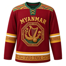 Load image into Gallery viewer, Myanmar Original Hockey Jersey in Ruby Red, front view – acheik wave-silk yoke and lacquerware saung gauk harp crest with ornate detailed artwork, custom name and number