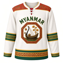 Load image into Gallery viewer, Myanmar Original Hockey Jersey in Pearl White, front view – acheik wave-silk yoke and lacquerware saung gauk harp crest with ornate detailed artwork, custom name and number