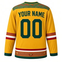 Load image into Gallery viewer, Myanmar Original Hockey Jersey in Padauk Yellow, back view with your name and number – acheik wave-silk yoke and incised lacquerware sleeve bands