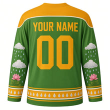 Load image into Gallery viewer, Nag Panchami Original Hockey Jersey in Monsoon Green, back view with custom YOUR NAME and 00